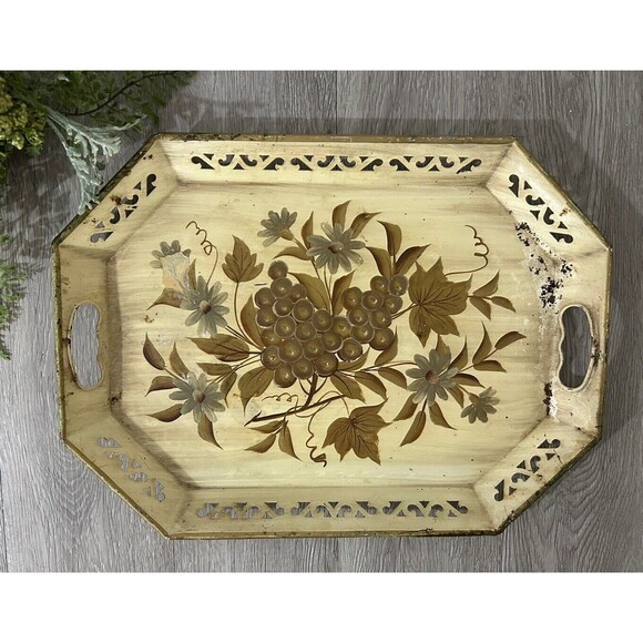Vintage Tole Ware Tray Tan Gold Hand Painted Metal Cottagecore MCM 18” - Picture 2 of 10